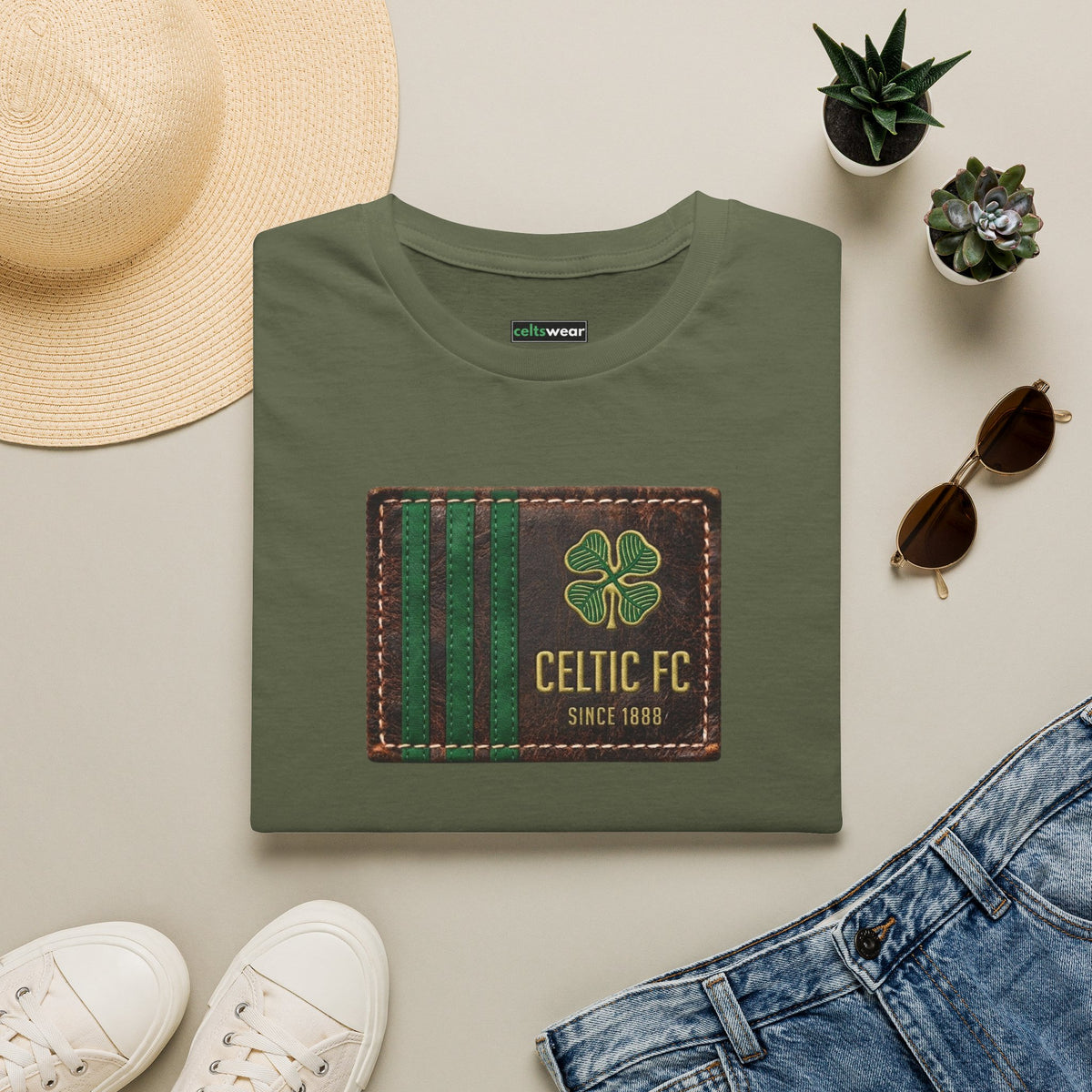 Celtic Leather Patch Design T-Shirt (Black, Khaki Green, Forest Green, White)